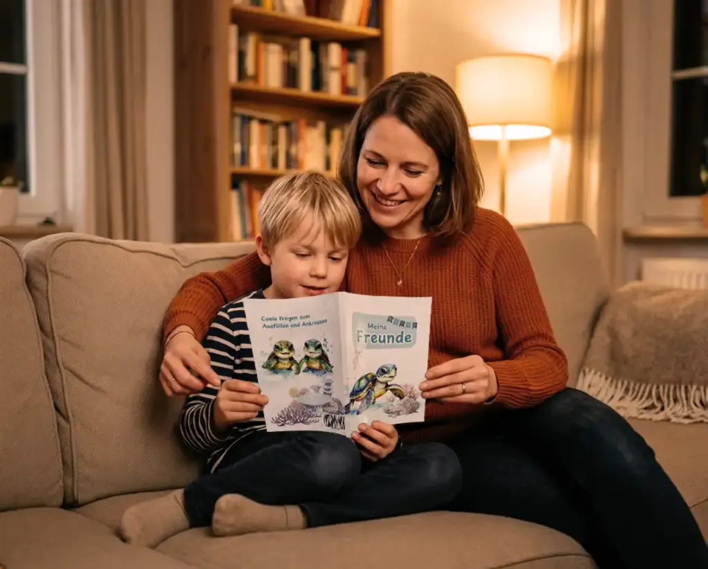 Mutter und Sohn lesen ein Freundebuch